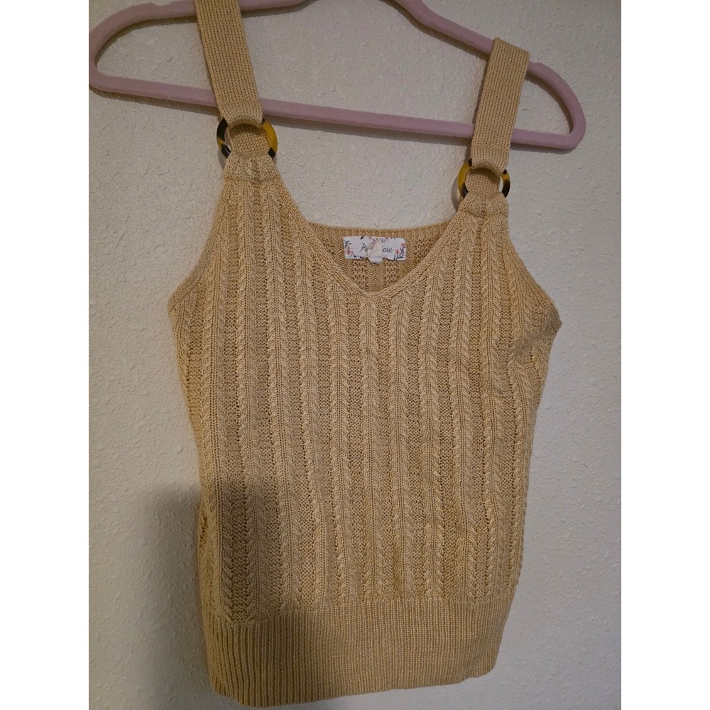 Pink Rose Mustard Yellow Cable Knit O-Ring Sweater Tank Top Womens Medium